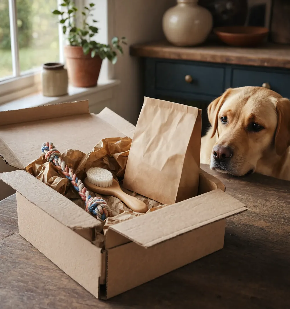 A parcel of pet supplies being unpacked on a kitchen table with a dog watching