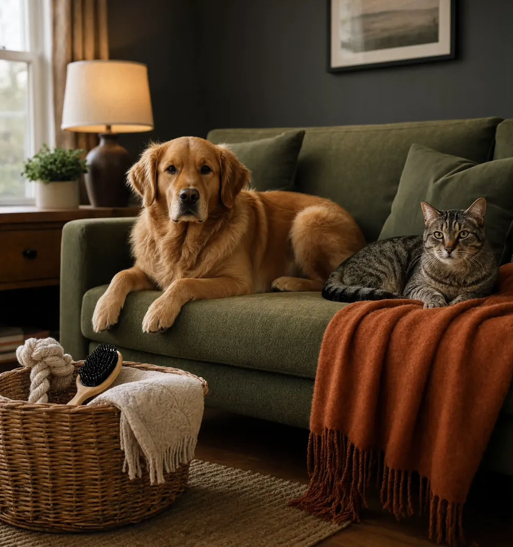 A dog and a cat sharing a sofa beside a shopping basket of pet supplies