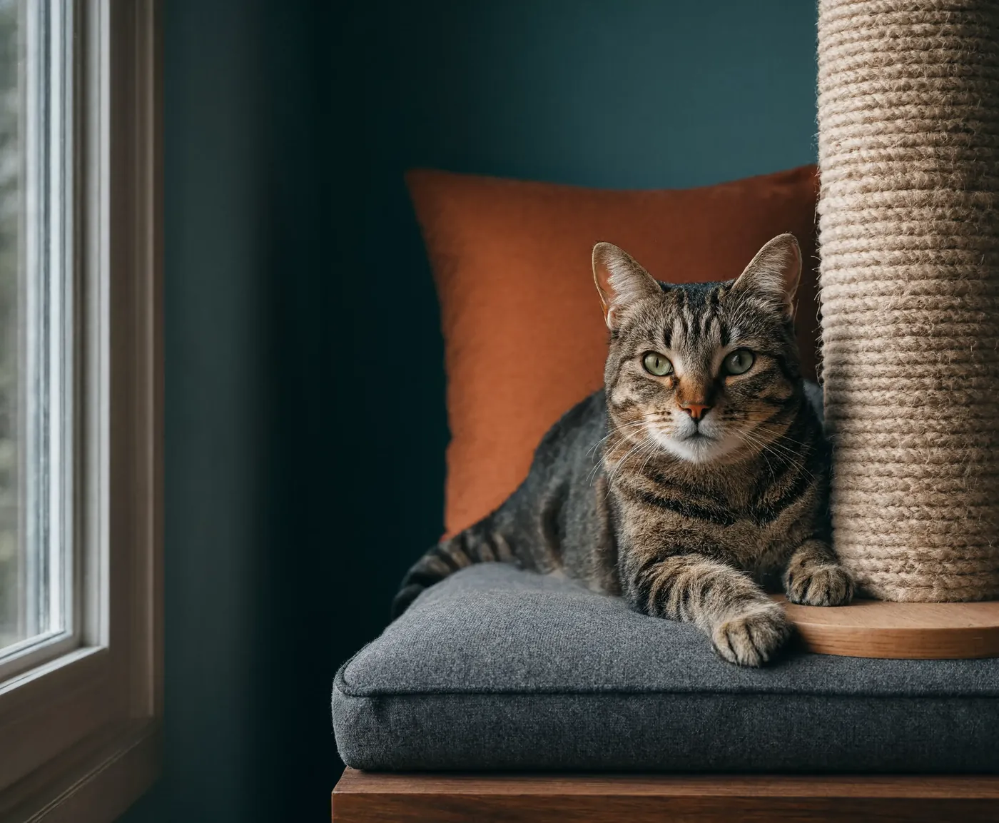 A tabby cat resting in a window seat next to a scratching post