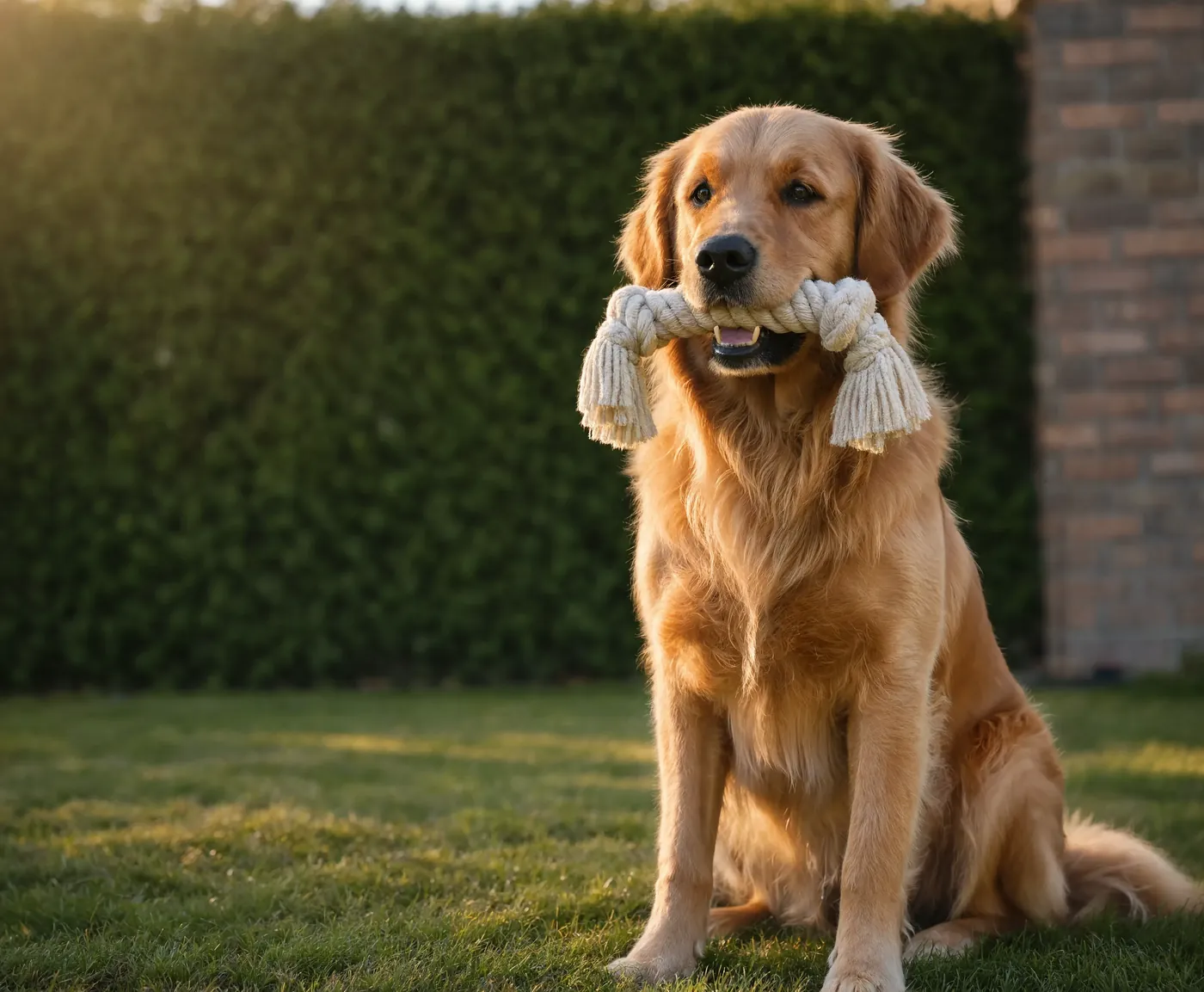 A golden retriever holding a rope toy on a sunny lawn
